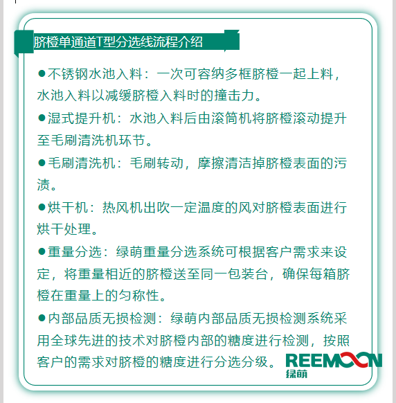 今年綠萌推出T型系列設(shè)備，專為中國(guó)果農(nóng)研制的高性價(jià)比的設(shè)備，具有功能齊全、小型輕便可移動(dòng)、操作簡(jiǎn)單、易維護(hù)的優(yōu)點(diǎn)。臍橙單通道分選線確保每箱分選過(guò)的臍橙個(gè)頭勻稱、糖酸度相近，有著穩(wěn)定的品質(zhì)，讓非標(biāo)準(zhǔn)的農(nóng)產(chǎn)品標(biāo)準(zhǔn)化。該分選線專門(mén)為中國(guó)小戶果農(nóng)定制，為客戶實(shí)地考察，根據(jù)客戶需求全流程設(shè)計(jì)，